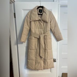 Long belted puffer winter coat